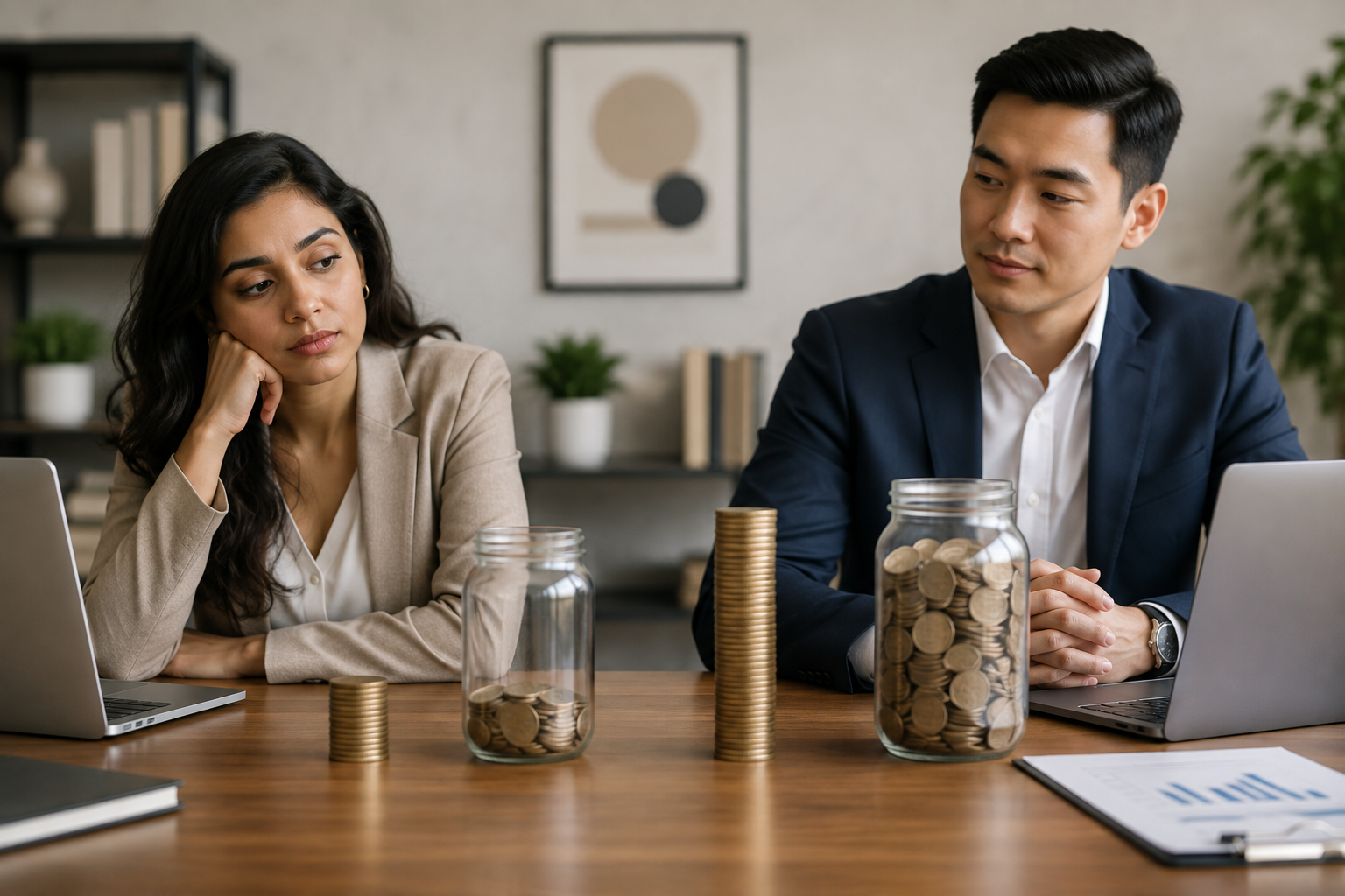 Woman and man shown with unequal savings and financial resources, illustrating the gender wealth gap and disparities in long-term wealth accumulation.
