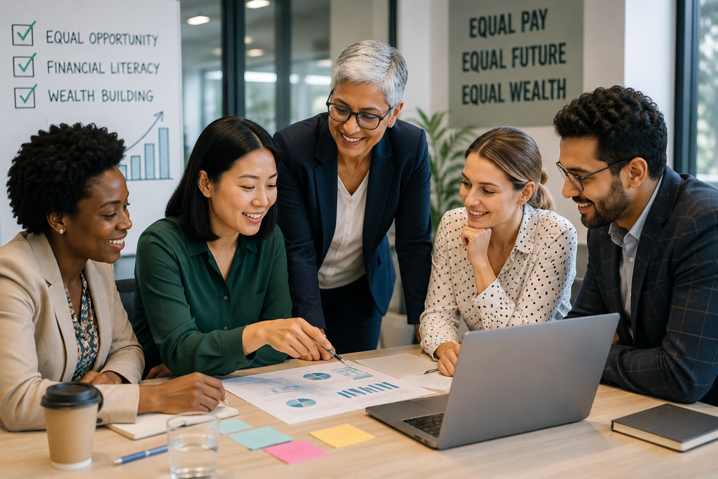 Diverse professionals collaborating on strategies for equal pay, financial literacy, and wealth-building opportunities to help close the gender wealth gap.