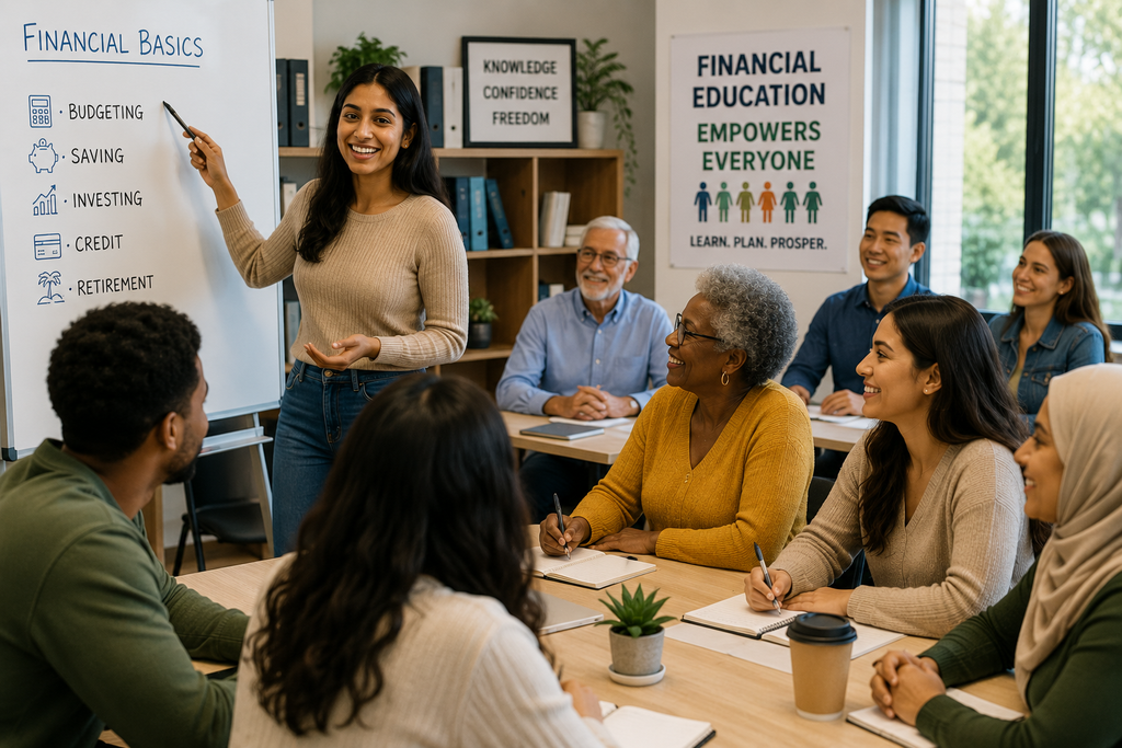 Diverse group participating in a financial education workshop covering budgeting, saving, investing, credit, and retirement planning.