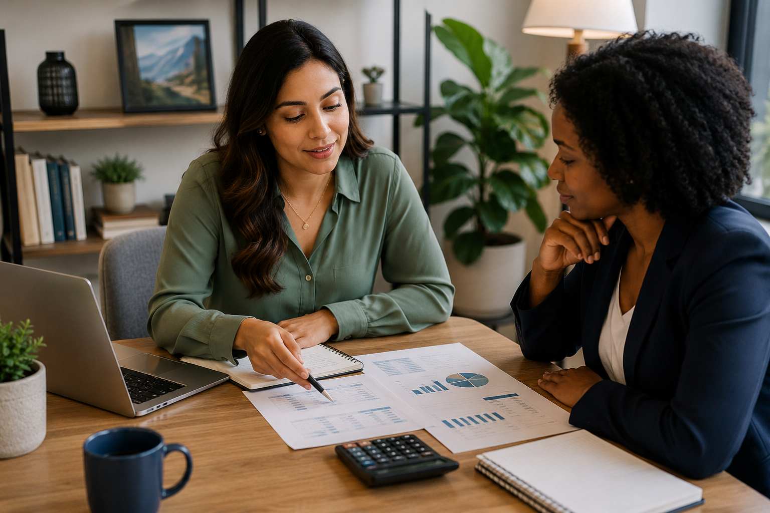 Woman confidently reviewing financial plans and data with a financial professional, representing informed decision-making, self-advocacy, and financial empowerment.