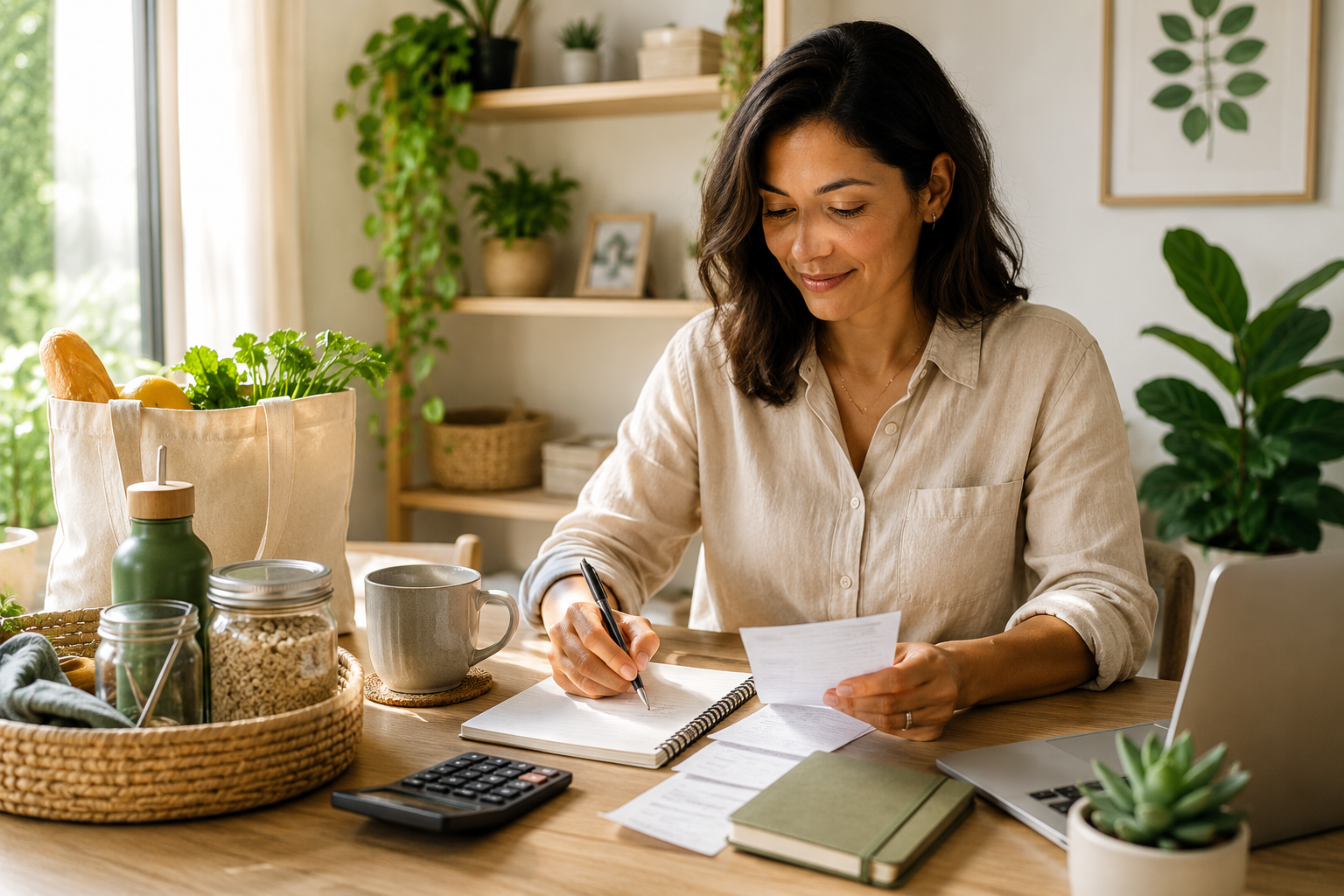 Woman mindfully reviewing household finances alongside reusable and sustainable everyday items, representing conscious consumption, intentional spending, and sustainable living.