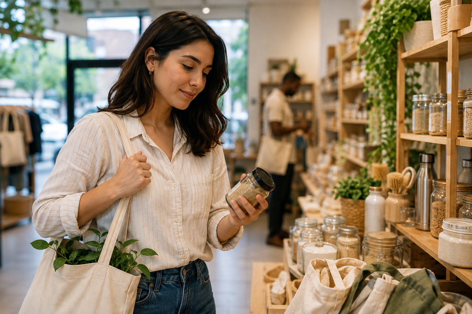 Woman thoughtfully selecting reusable and sustainable products while shopping, representing conscious consumerism and intentional purchasing choices.