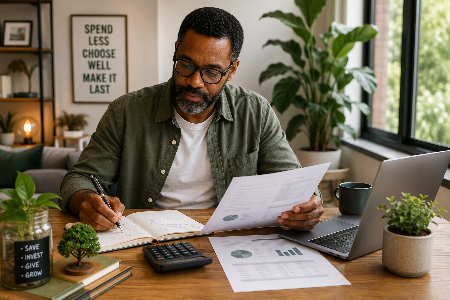 Man reviewing financial plans and investments at home, representing thoughtful spending, long-term financial security, and sustainable wealth building.