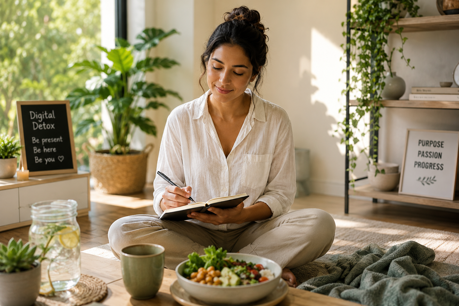 Woman practicing mindful living through journaling, healthy eating, and a peaceful screen-free routine focused on presence, gratitude, and purposeful living.