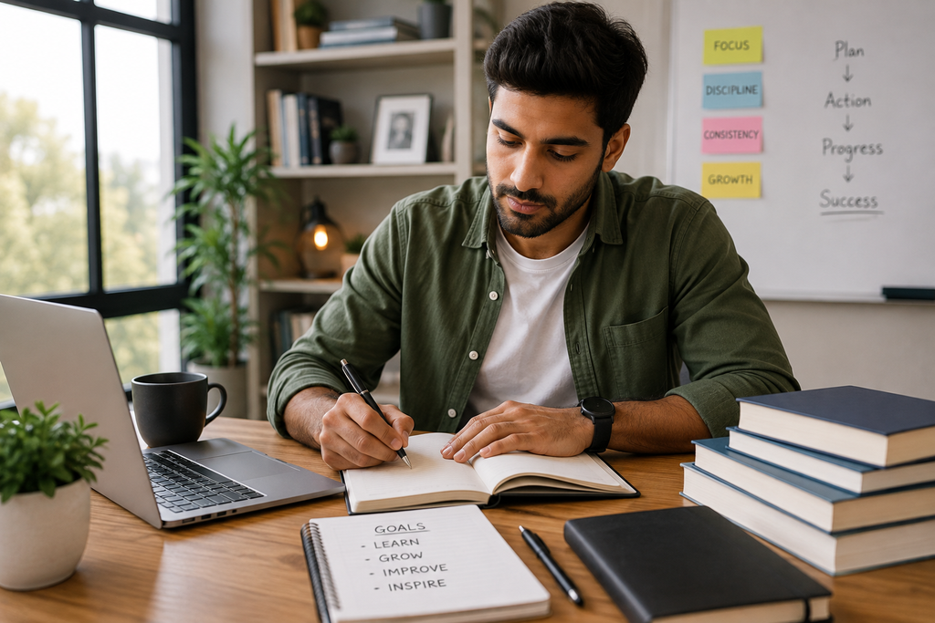 Man developing personal and professional skills through focused learning, goal-setting, reflection, and continuous self-improvement.