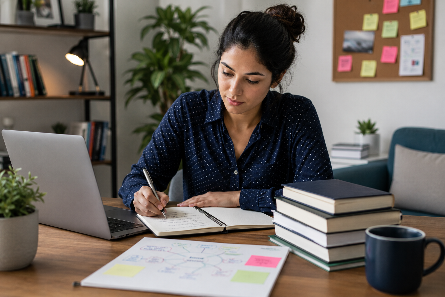 Woman developing new skills through focused study, online learning, note-taking, and continuous professional development.