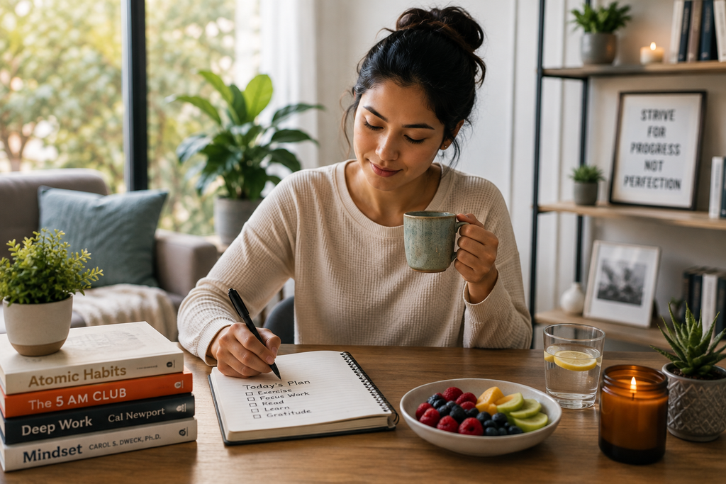 Woman planning her daily routine and goals while practicing positive habits such as reading, healthy eating, reflection, and consistent self-improvement.
