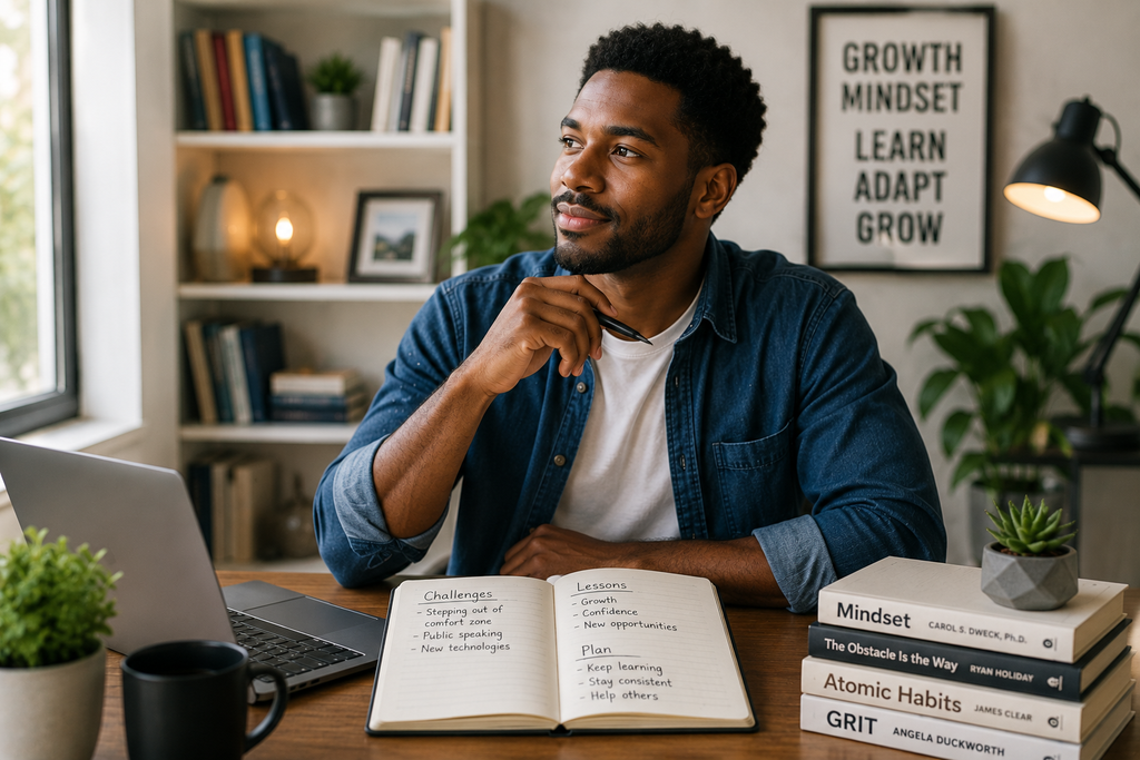 Man reflecting on challenges, lessons, and future goals while developing a positive growth mindset focused on learning, resilience, and continuous improvement.