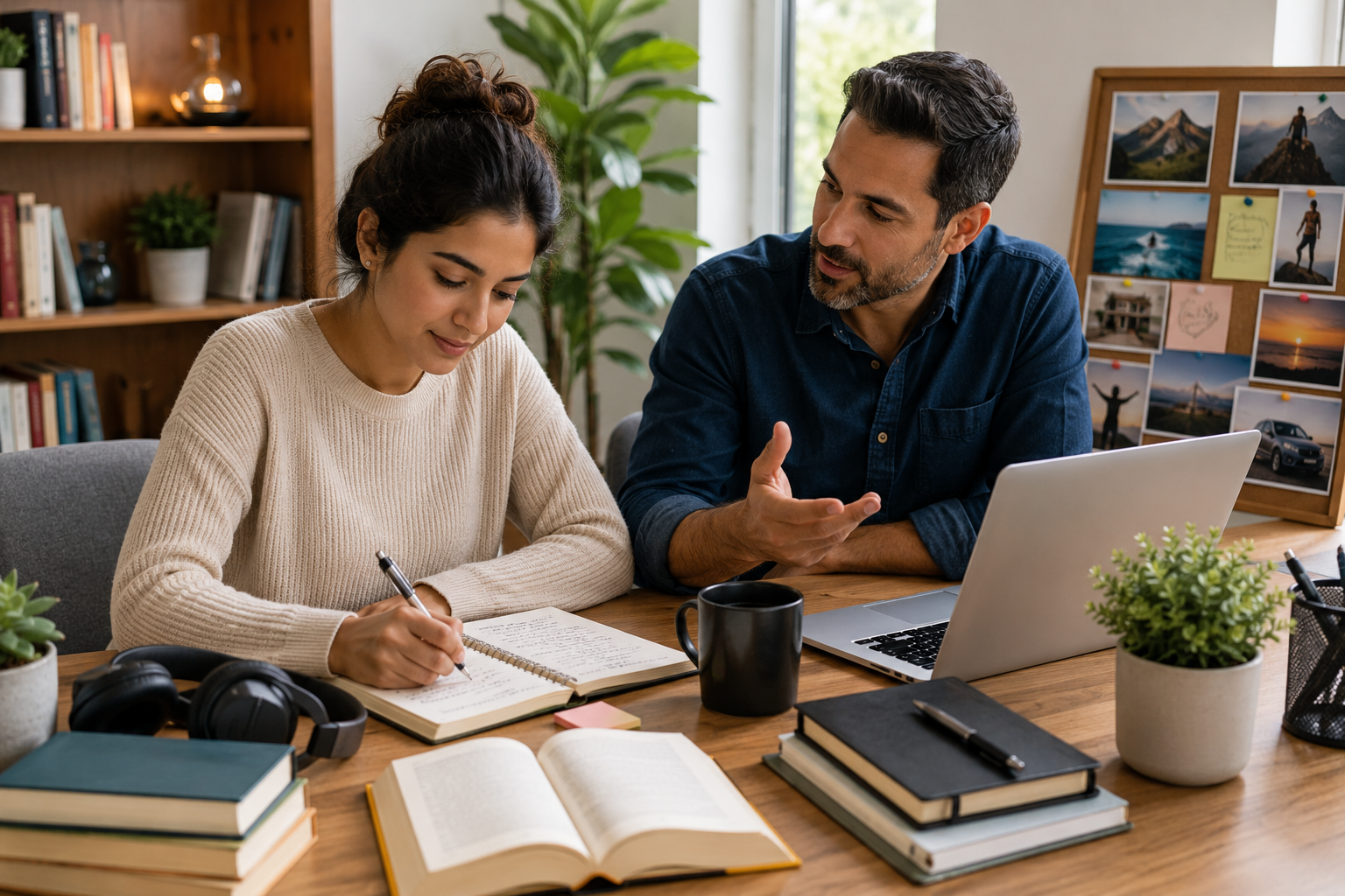 Woman working with a mentor while using books, a journal, laptop, headphones, and a vision board as tools for learning, reflection, goal-setting, and personal growth.