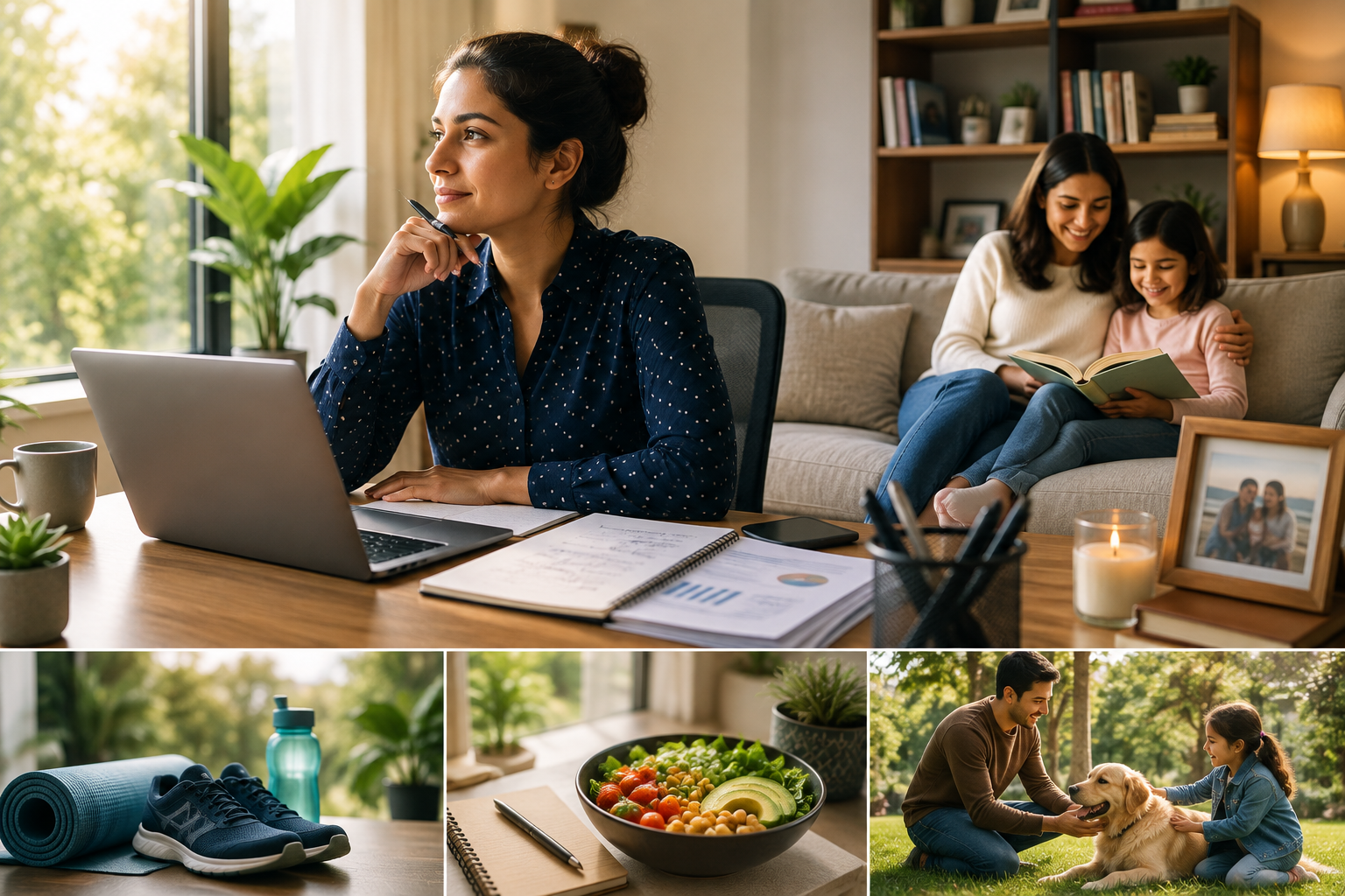 Woman balancing professional responsibilities with family time, exercise, healthy eating, and personal well-being to support a fulfilling work-life balance.