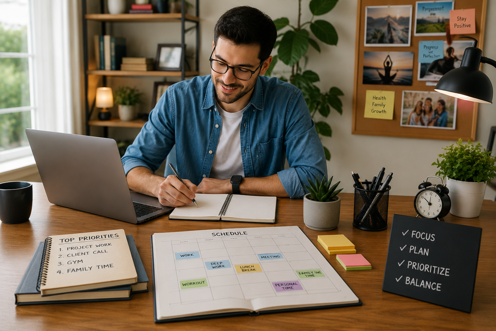 Man organizing his schedule and priorities to balance work responsibilities, exercise, personal time, and family commitments.