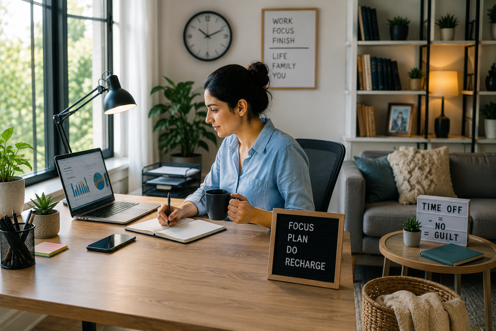 Woman working efficiently in a dedicated home office, representing healthy boundaries, organization, focus, and balance while working remotely.