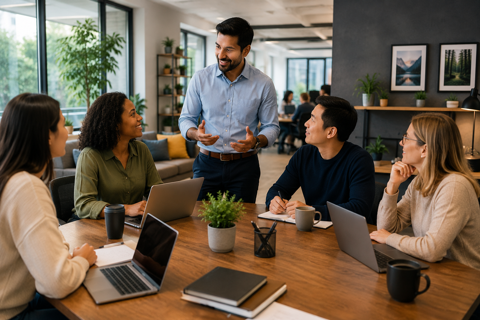 Supportive manager collaborating with employees in a positive workplace environment that promotes flexibility, well-being, teamwork, and healthy work-life balance.