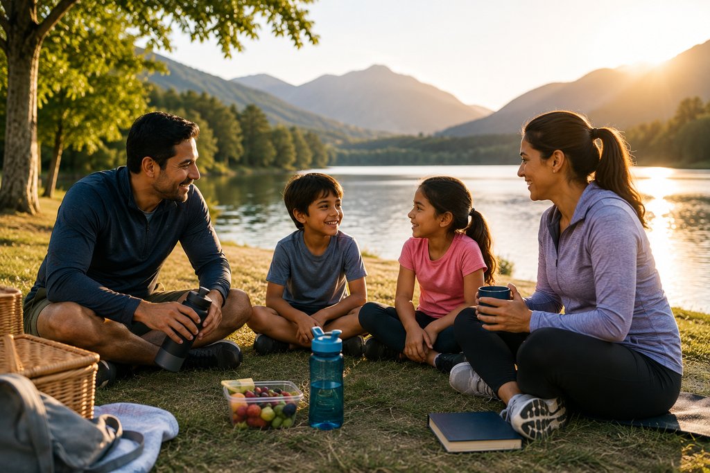 Family enjoying quality time together outdoors, representing the long-term benefits of work-life balance, including stronger relationships, well-being, and greater life satisfaction.