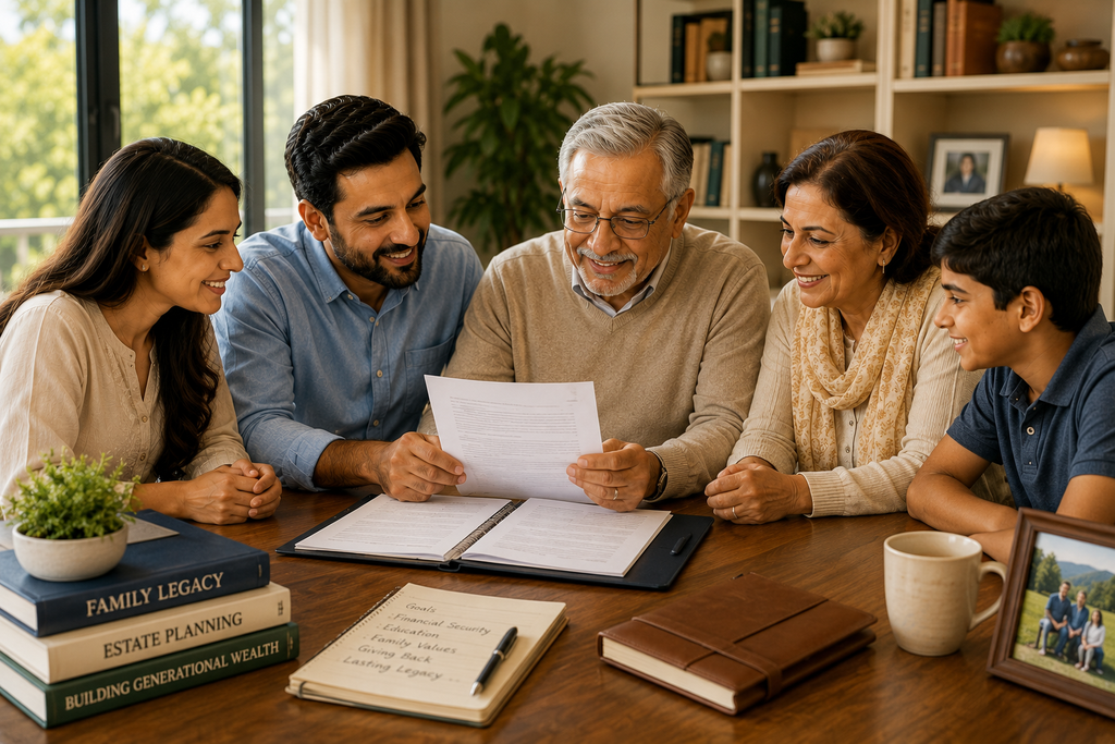 Multigenerational family reviewing financial and estate planning documents together, representing family wealth, legacy planning, and generational wealth transfer.