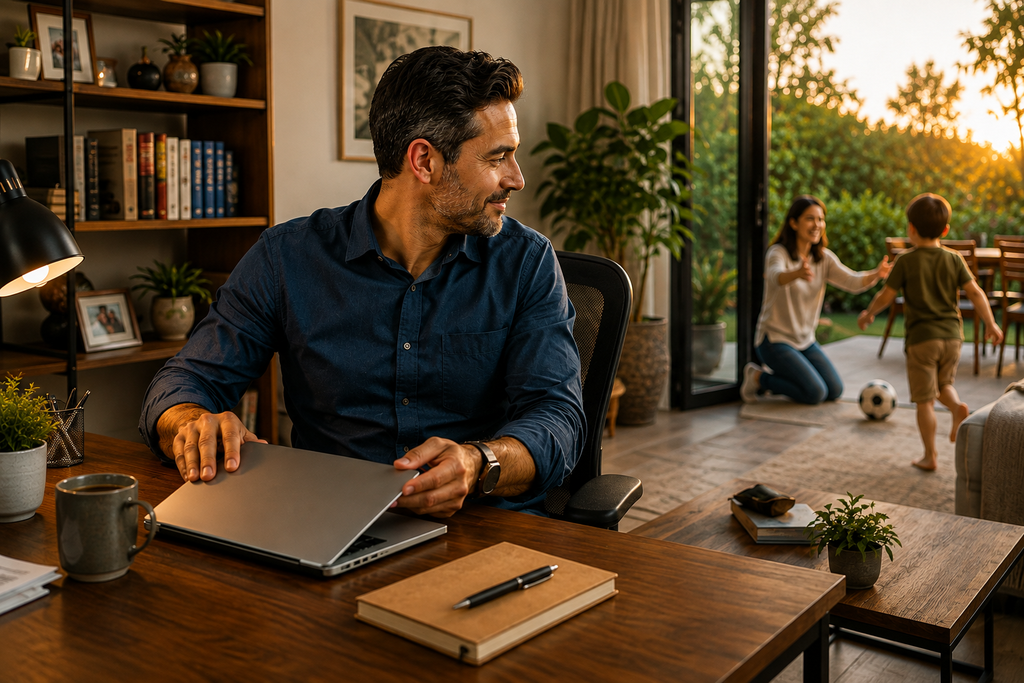 Professional transitioning from work to family time by closing his laptop at the end of the day, representing a healthy balance between career, personal life, and well-being.