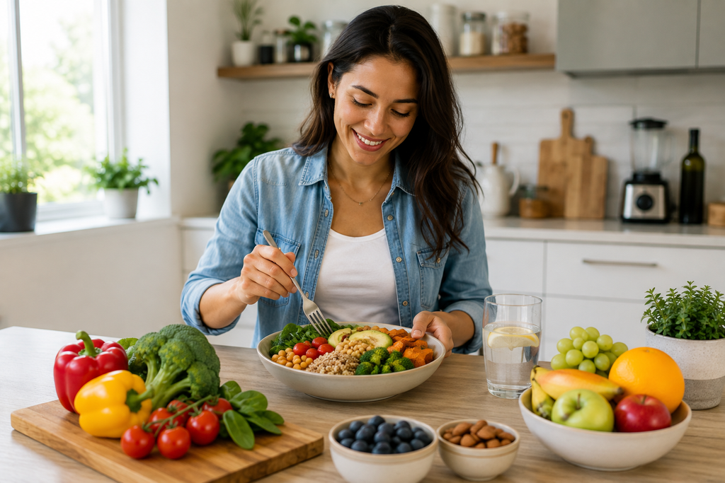 Woman enjoying a colorful, balanced meal with fresh vegetables, whole grains, fruit, and water, representing nutritious eating and overall health.