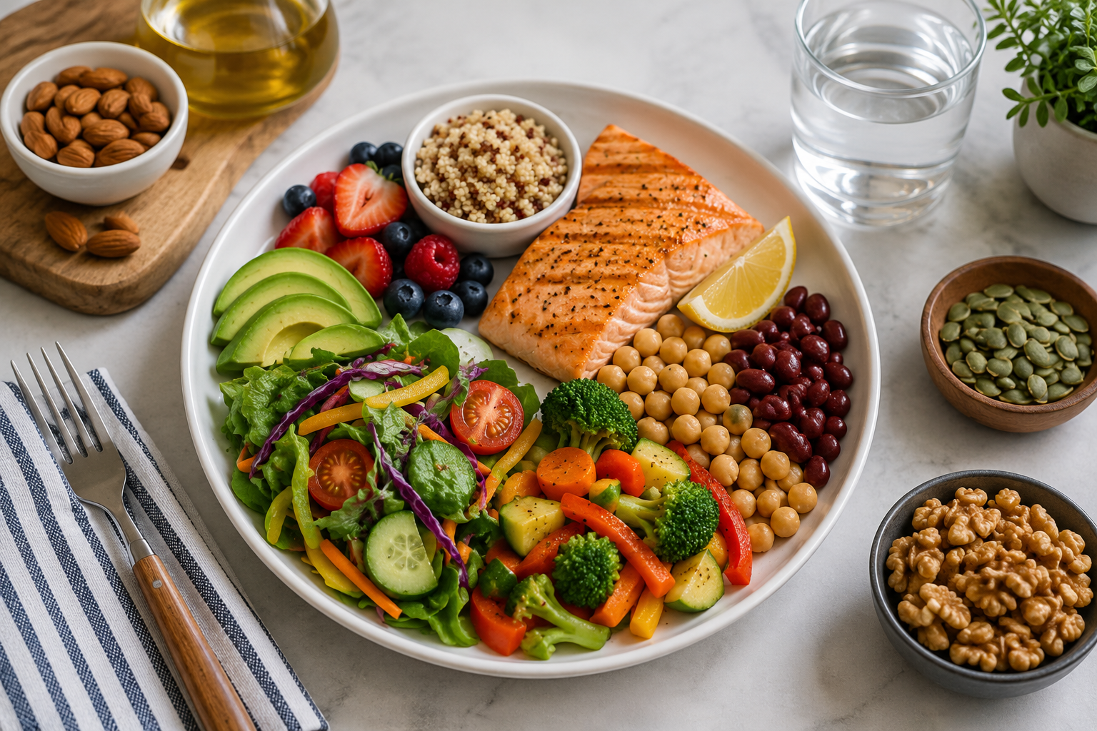 Balanced plate featuring salmon, whole grains, beans, fresh vegetables, fruit, avocado, and nuts representing the fundamentals of a nutritious, well-balanced diet.