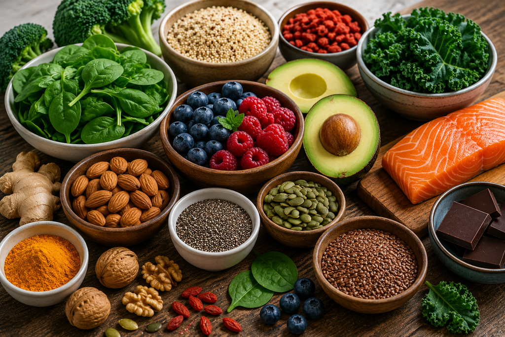 Nutrient-rich foods including leafy greens, berries, avocado, salmon, nuts, seeds, and whole grains representing a variety of nutritious superfoods.