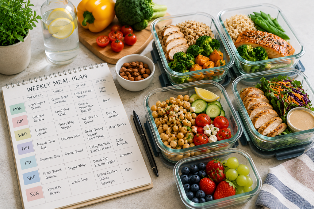 Healthy meal-prep containers with balanced meals, fresh fruits and vegetables, and a weekly meal plan representing organized meal planning and nutritious eating.