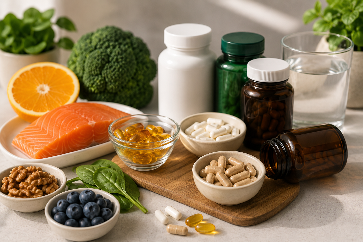 Vitamins and dietary supplements displayed alongside nutrient-rich foods including salmon, leafy greens, berries, nuts, and broccoli.