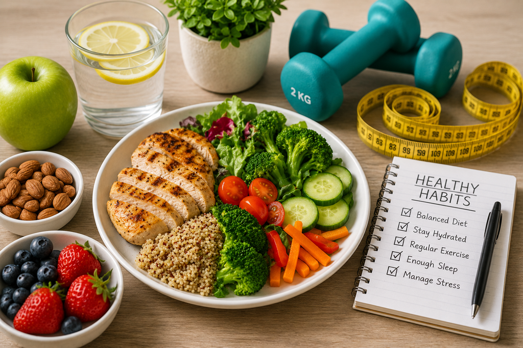 Balanced meal with lean protein, whole grains, fresh vegetables, fruit, water, and exercise equipment representing healthy weight management habits.