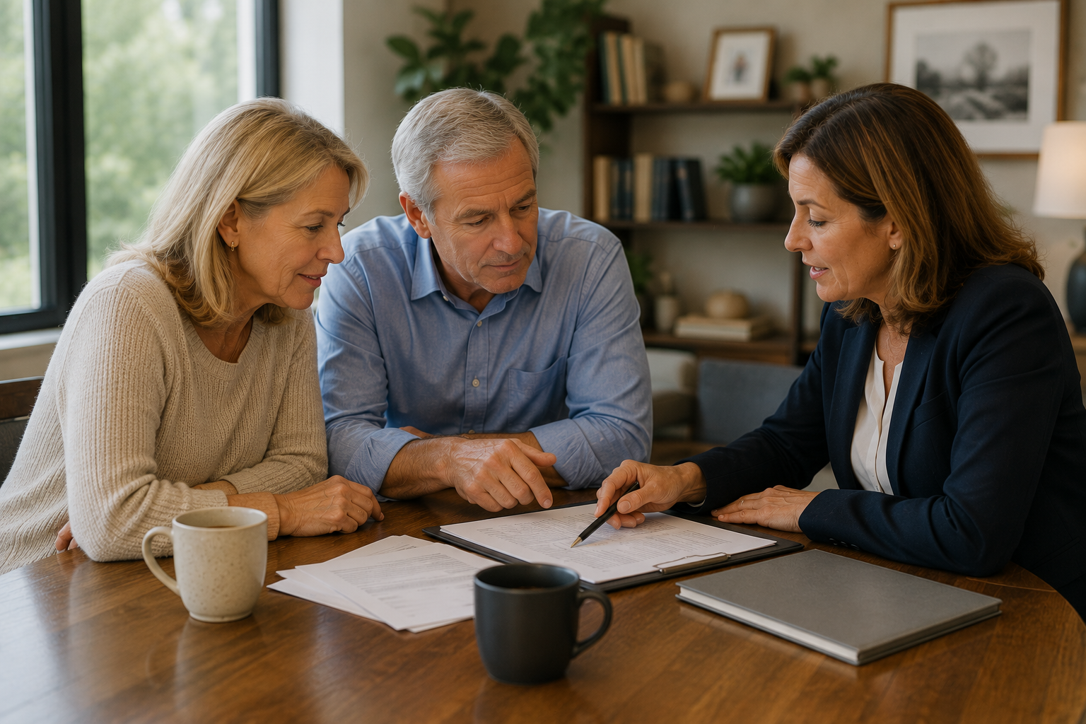 Older couple reviewing estate planning documents with a professional advisor, representing wills, trusts, powers of attorney, and legacy planning.