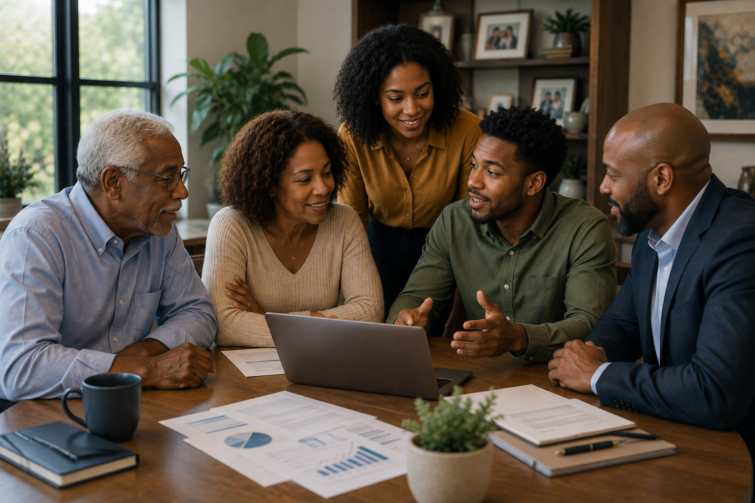 Multigenerational family discussing financial planning and family business matters together, representing generational wealth and long-term legacy building.
