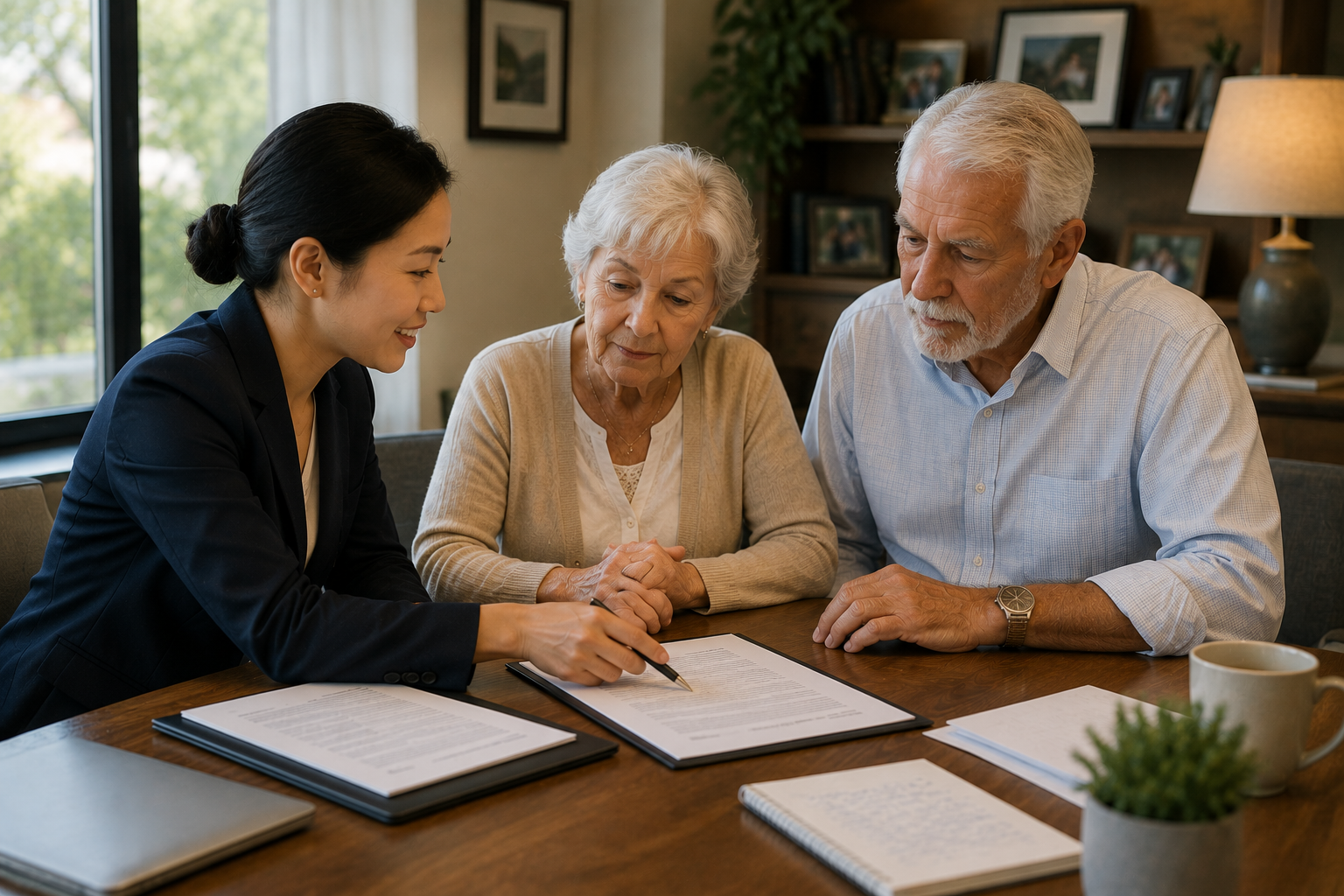 Older couple reviewing estate and succession planning documents with a financial professional, representing thoughtful wealth transfer and legacy planning.