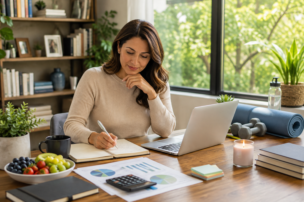 Woman planning personal goals at home with wellness, financial, and self-development resources, representing a balanced approach to health, wealth, and purposeful living.