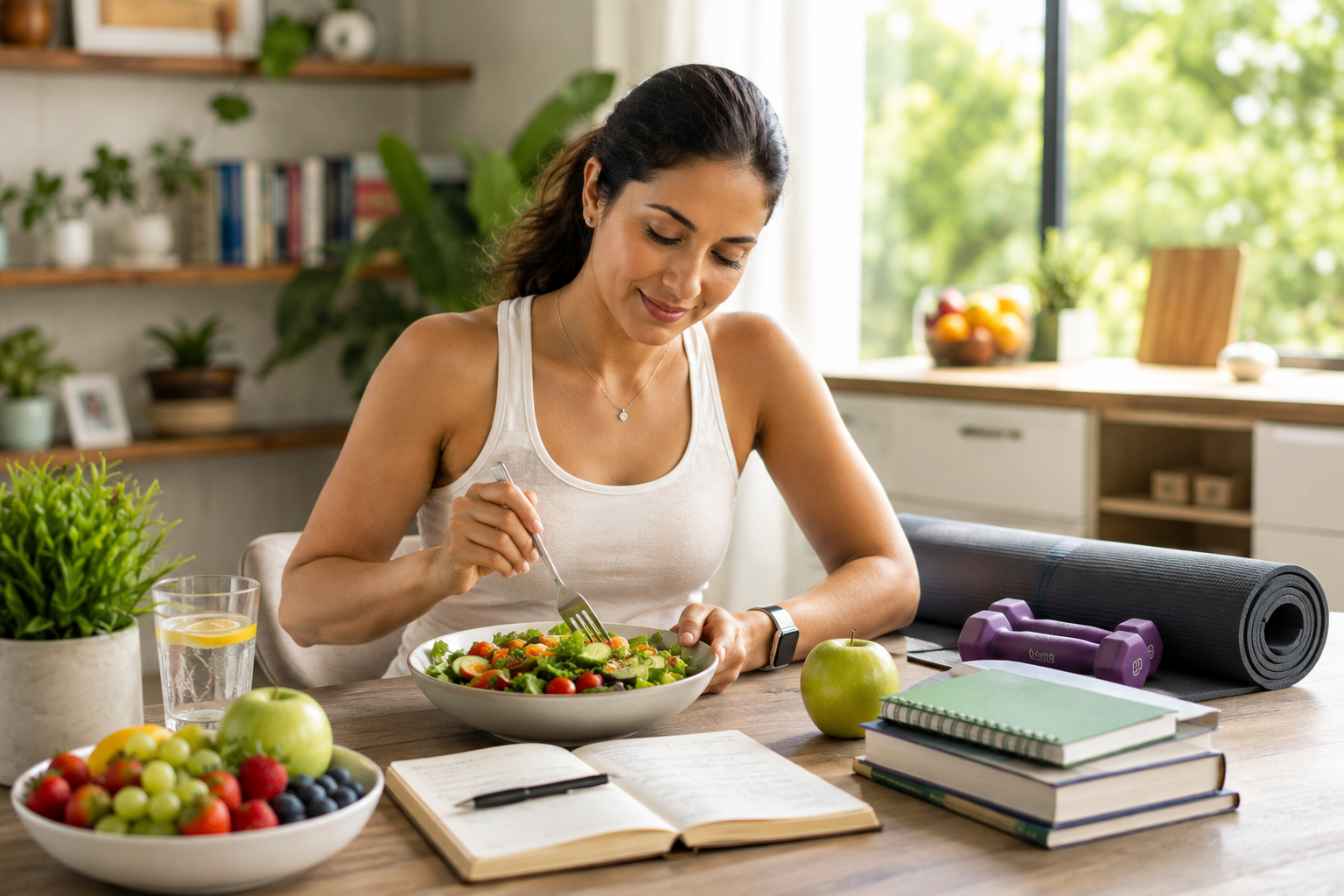 Woman enjoying a nutritious meal alongside fitness and wellness essentials, representing healthy eating, physical activity, and overall well-being.