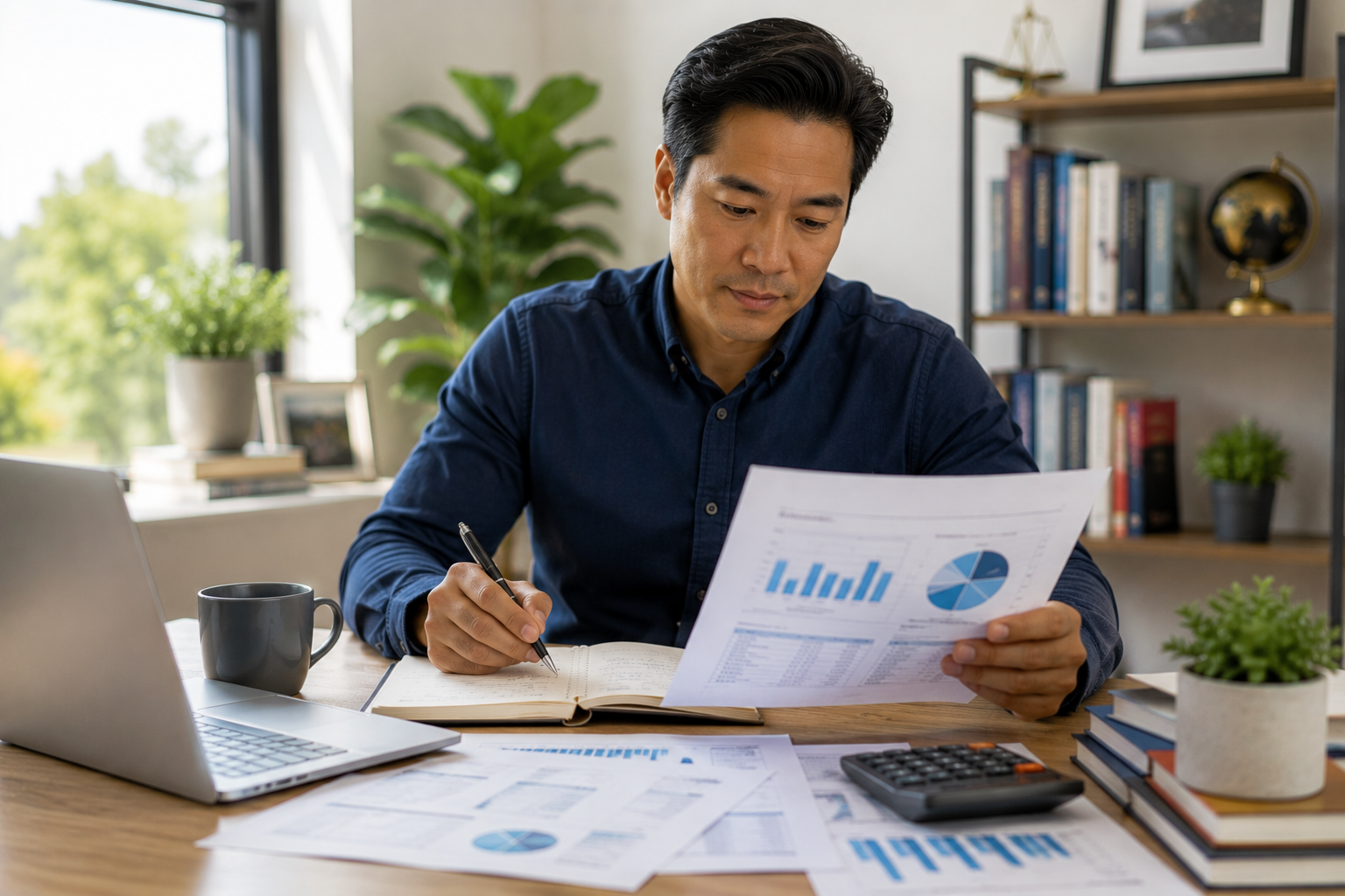 Man reviewing financial documents and planning his finances at home, representing investing, financial education, wealth building, and long-term financial planning.