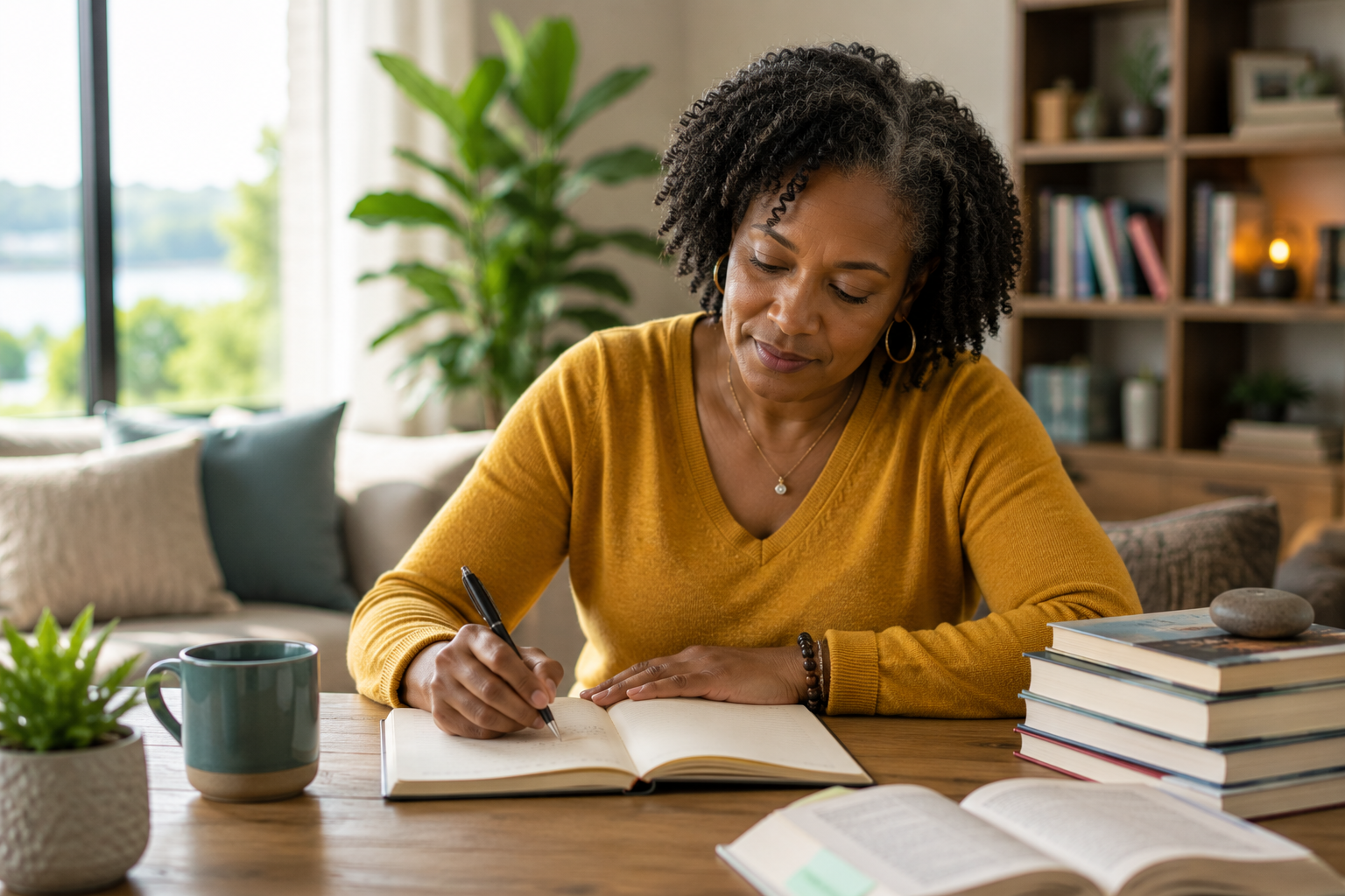 Woman journaling and reflecting on personal goals, representing self-development, continuous learning, mindfulness, and purposeful living.