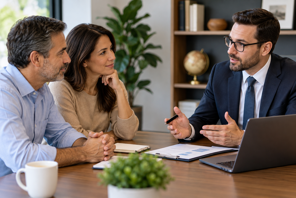 Financial advisor meeting with clients in a professional office, representing personalized wealth management, financial planning, and advisory services.