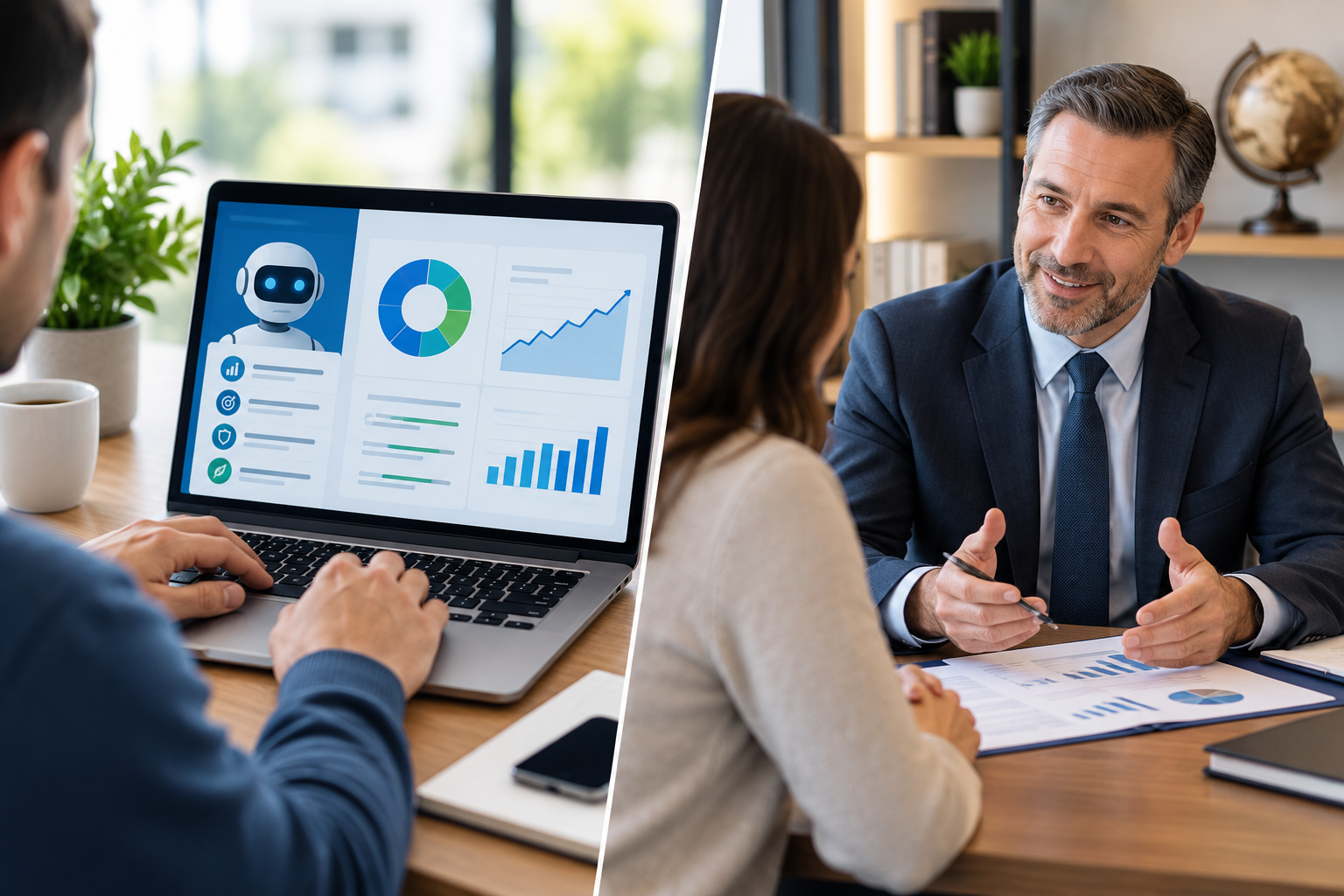 Financial planning workspace with digital investment tools and advisor guidance, representing automated and traditional approaches to wealth management.