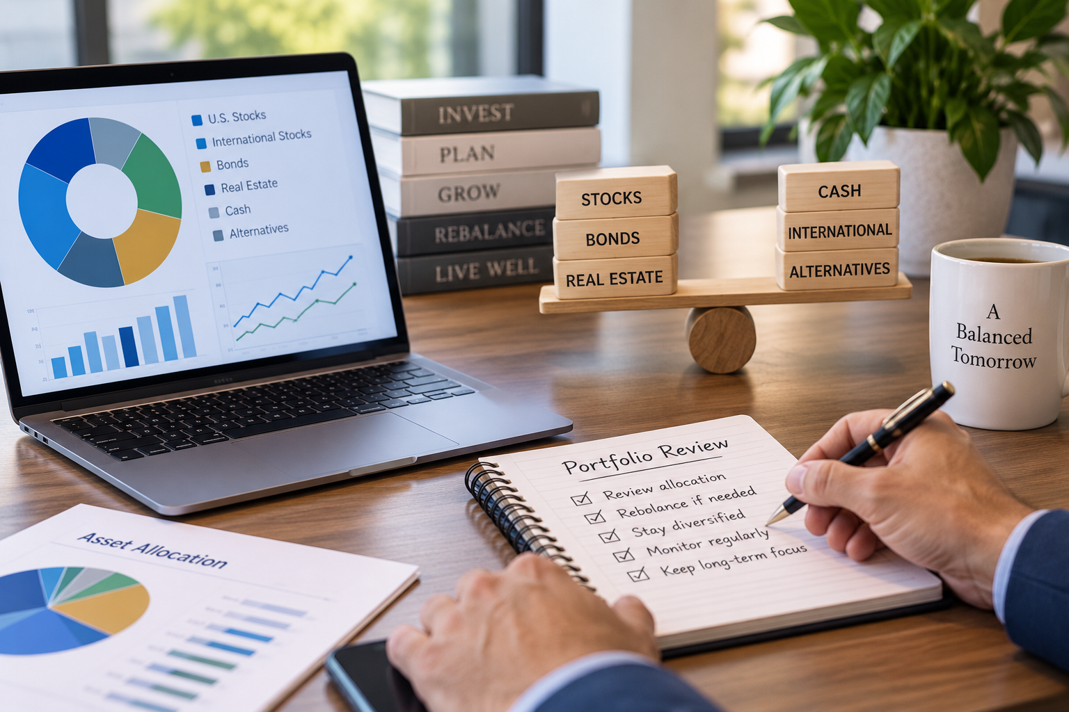 Investment portfolio workspace with financial charts and asset allocation materials, representing portfolio management, diversification, and rebalancing.