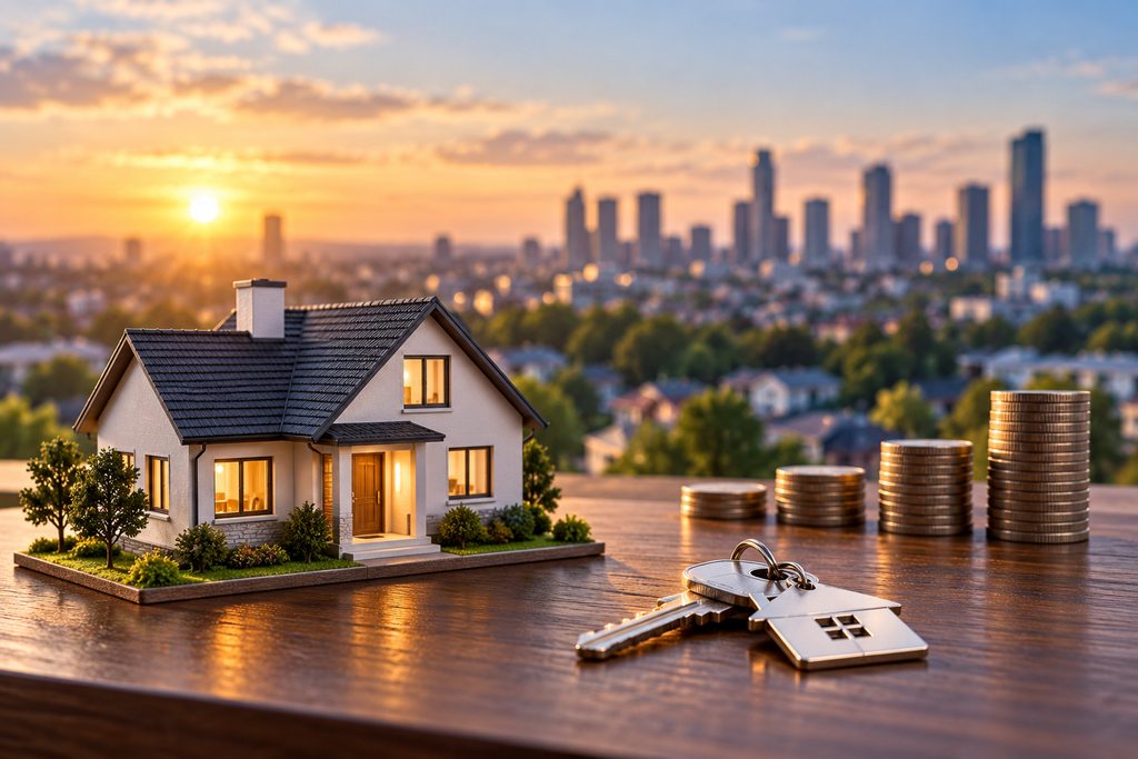 Model home, keys, and stacked coins overlooking a city skyline, representing real estate investment and long-term wealth building.