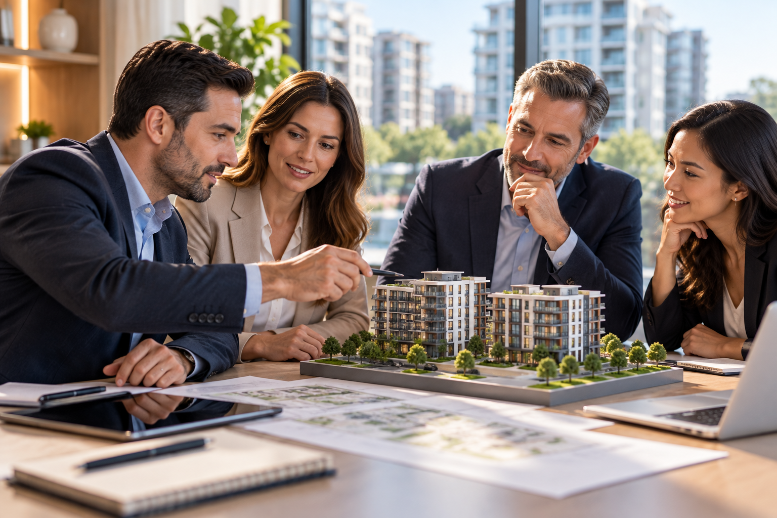 Group of investors reviewing a real estate development project, representing real estate syndications and crowdfunding.
