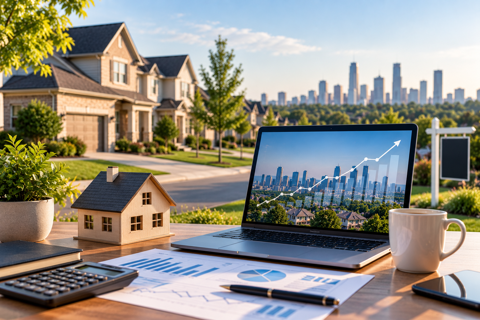 Residential neighborhood with financial analysis workspace, representing housing market trends and real estate investment research.