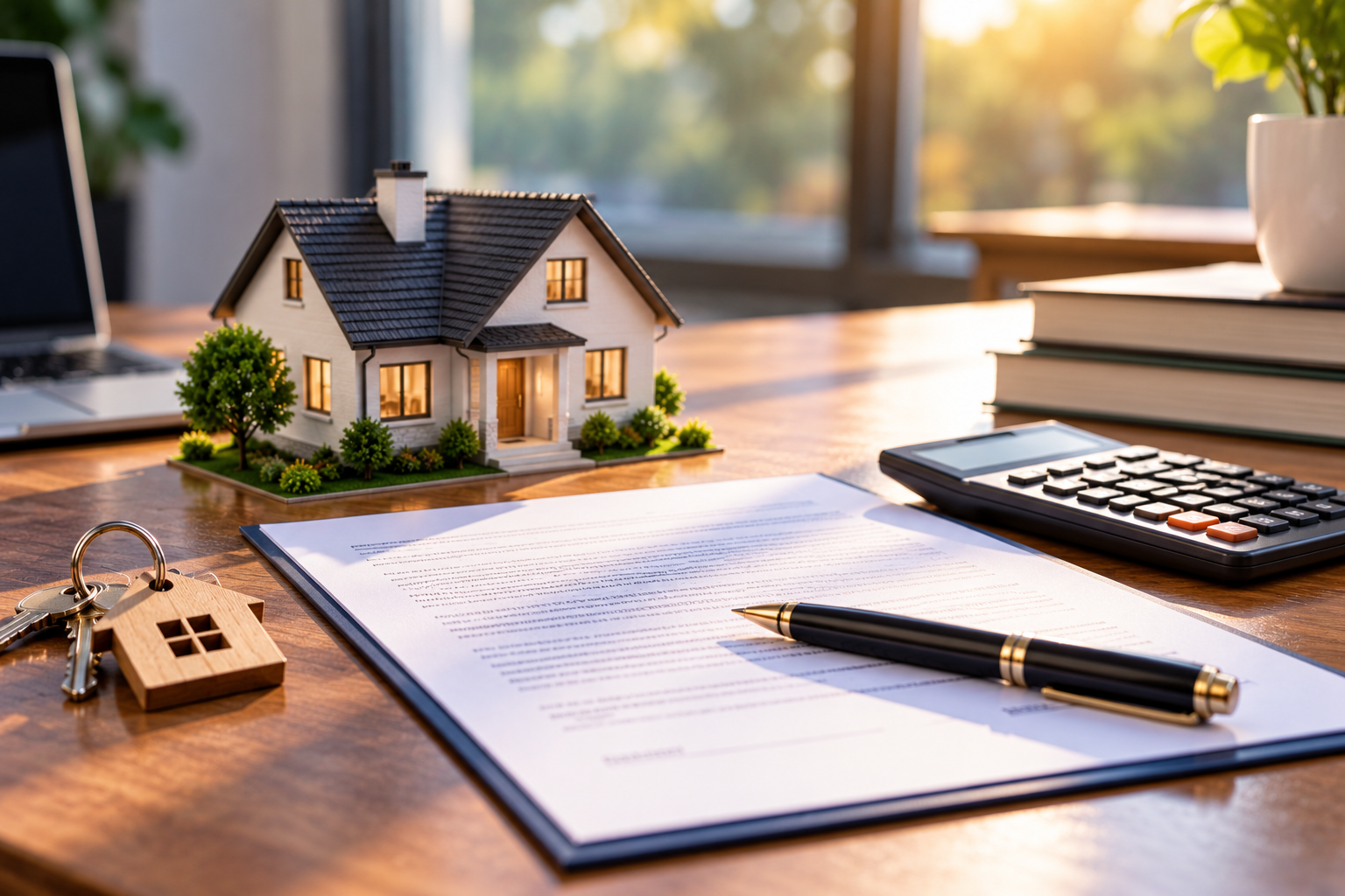 Model home, keys, calculator, and financial documents representing mortgage financing, refinancing, and real estate lending.