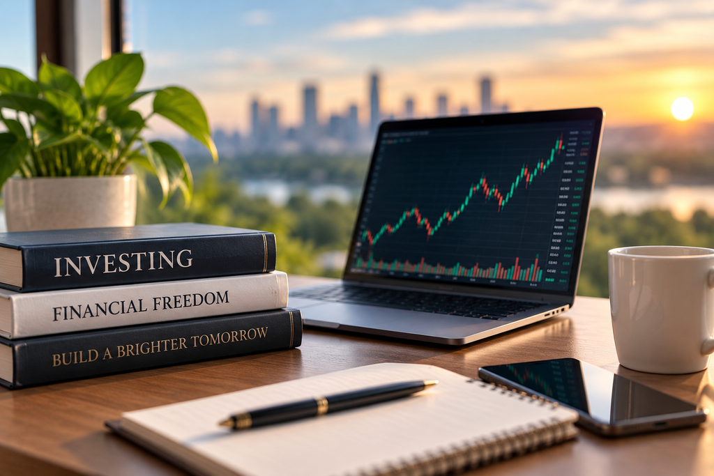 Investment workspace with market chart, financial planning books, and notebook representing long-term investing and wealth building.