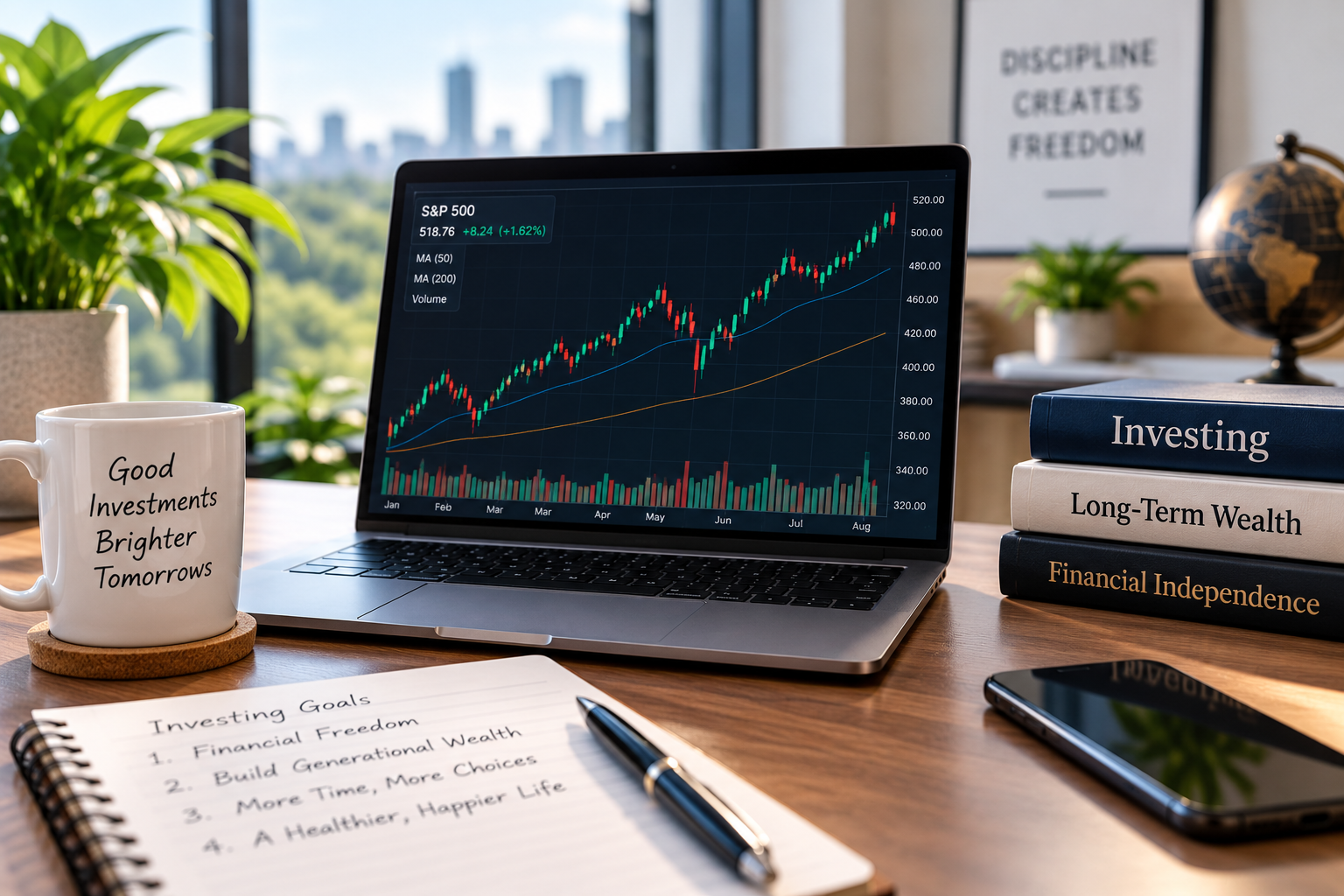 Investment workspace with stock market chart, notebook, and financial planning materials representing stock market fundamentals.