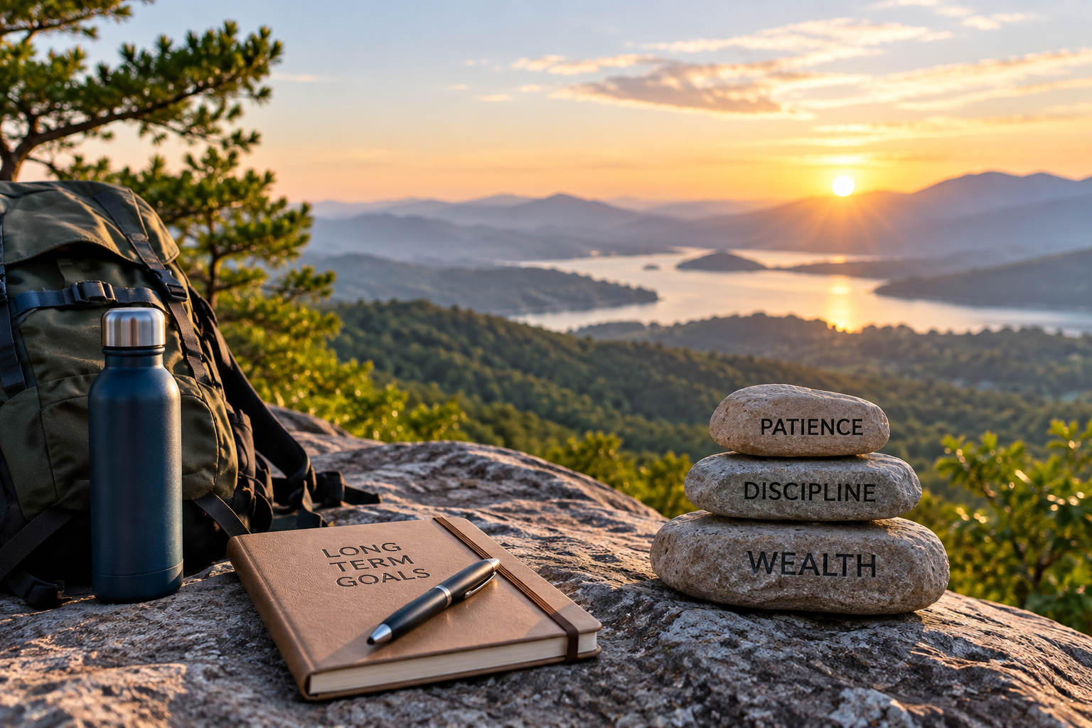 Backpack, journal, and stones overlooking a mountain landscape, representing patience, discipline, and long-term investing.