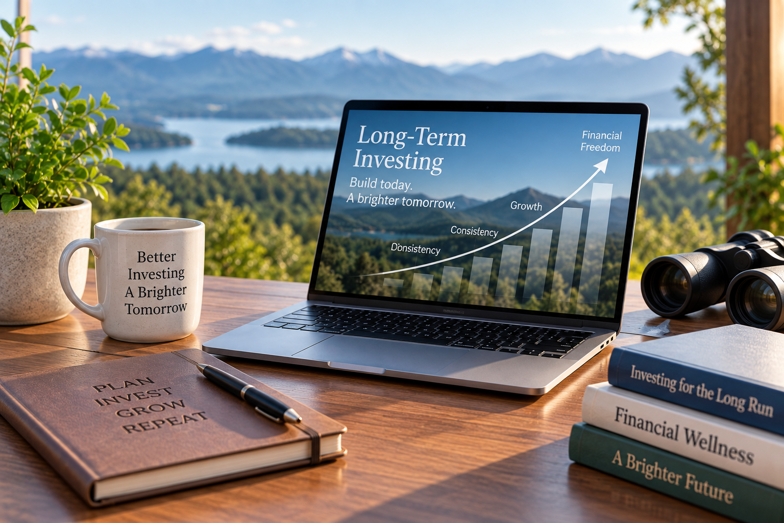 Investment workspace overlooking mountains with financial charts and planning materials representing diversification and investment risk management.