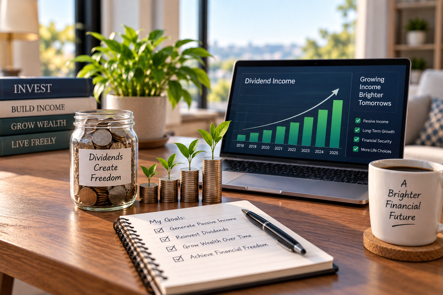 Investment workspace with dividend growth chart, coins, and financial planning materials representing dividend investing and passive income.