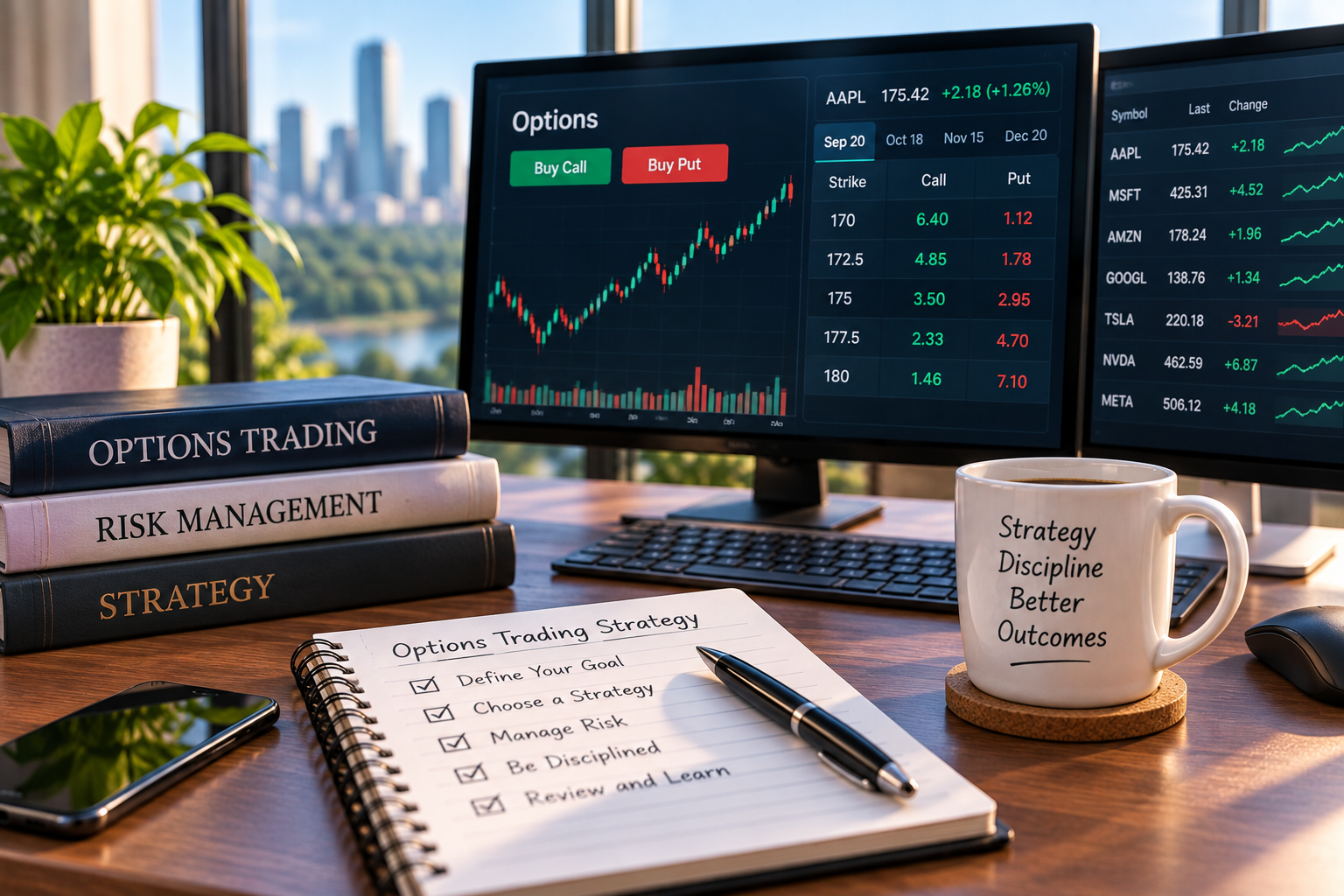 Financial trading workspace with market screens and planning materials representing options trading and investment strategy.