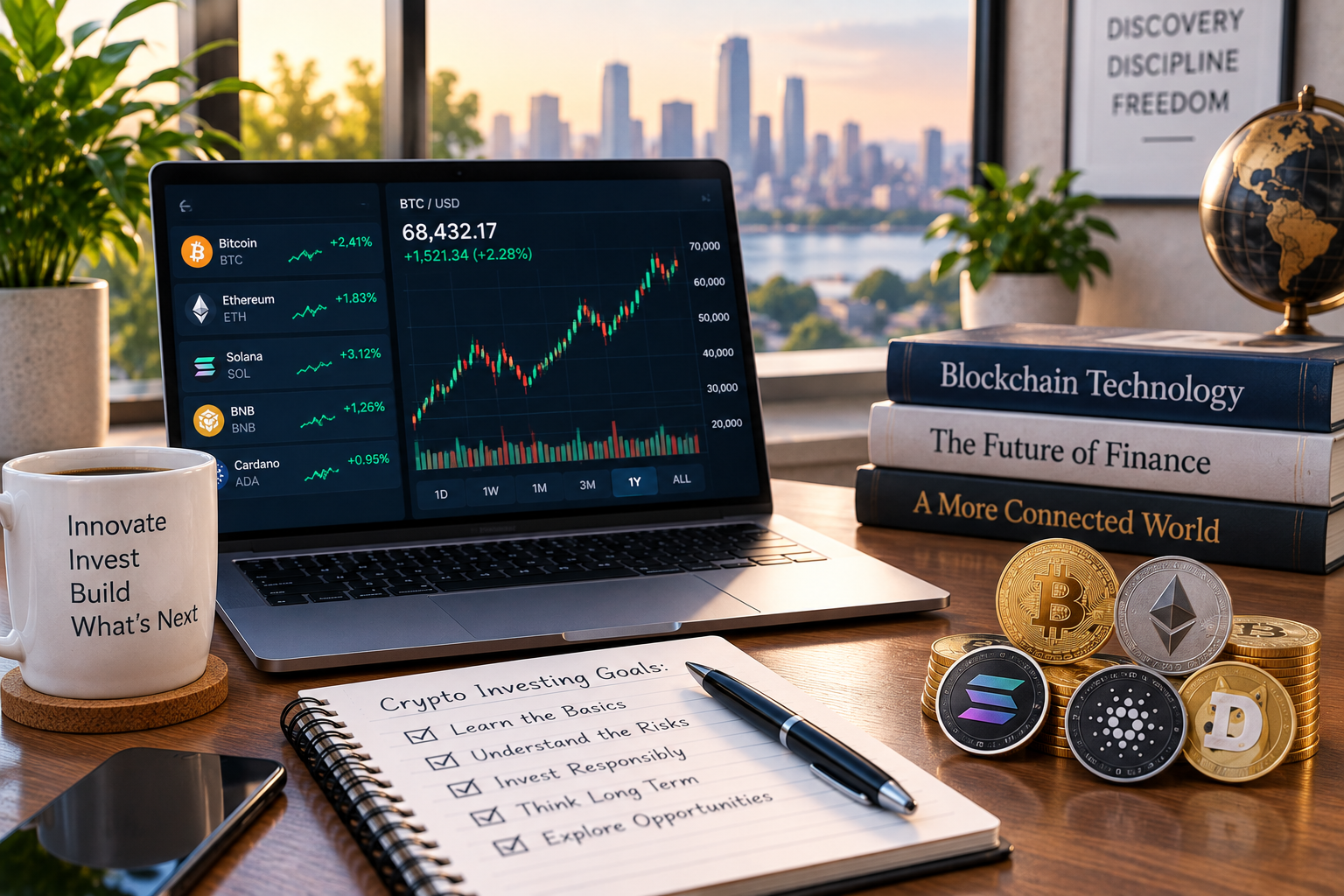 Investment workspace with cryptocurrency symbols, market chart, and financial planning materials representing digital assets and blockchain technology.