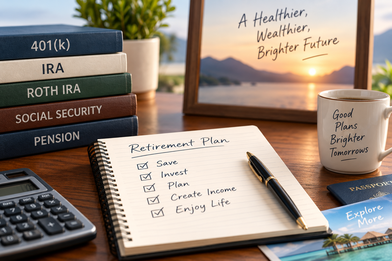 Retirement planning workspace with savings accounts, calculator, and financial planning materials representing saving and investing for retirement.