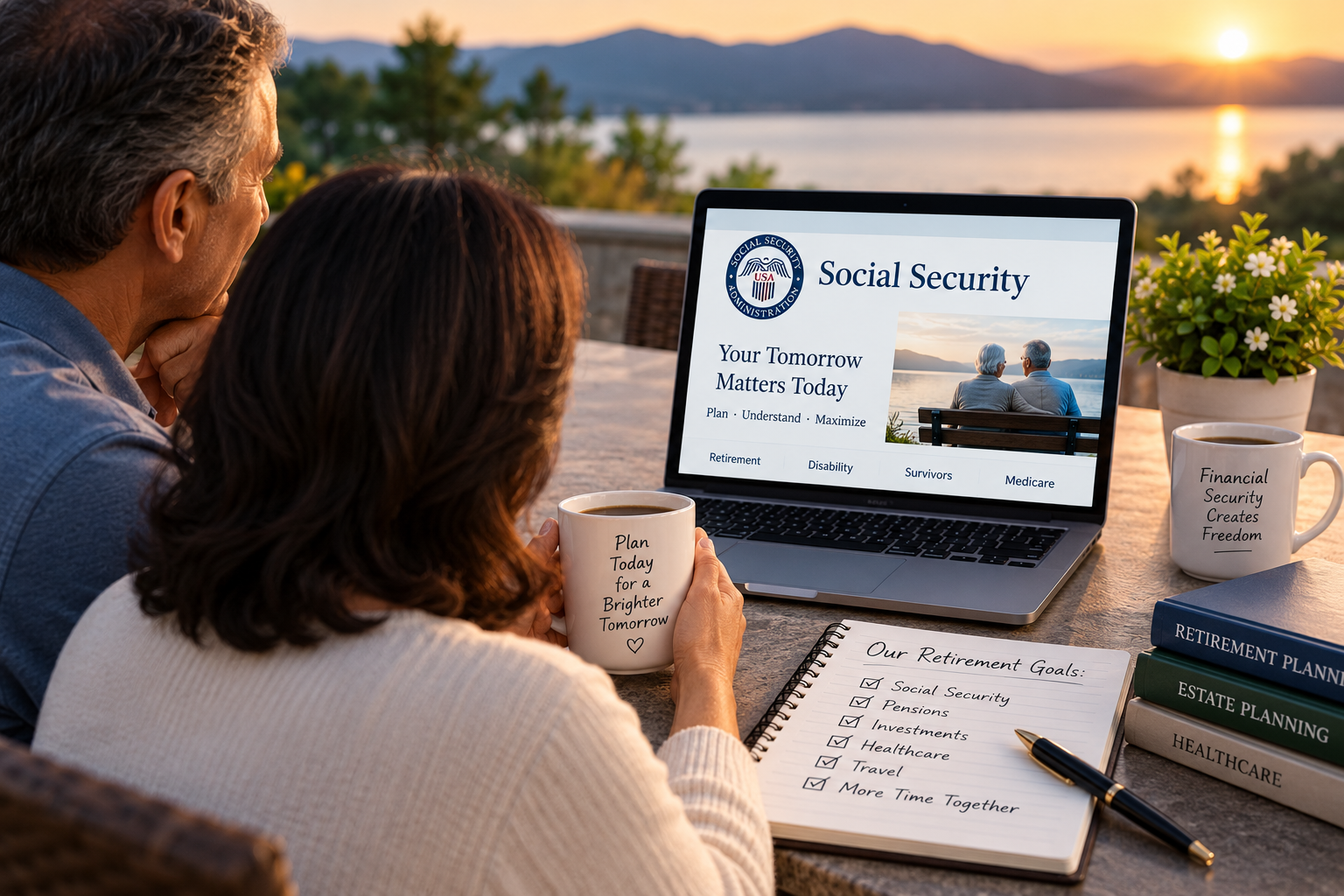 Couple reviewing Social Security and retirement information together, representing Social Security and pension planning.