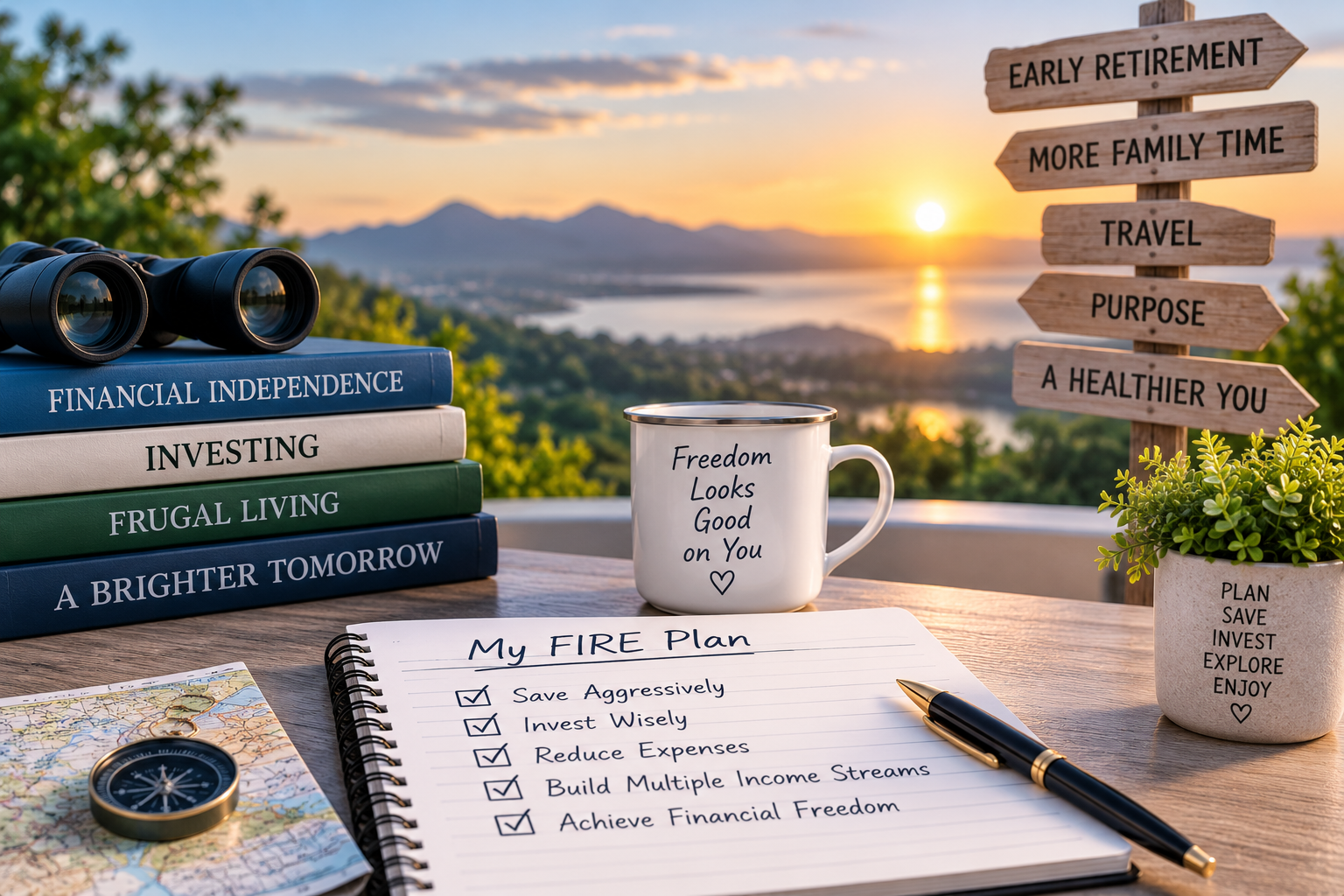 Financial independence planning workspace overlooking a mountain landscape, representing saving, investing, and planning for early retirement.